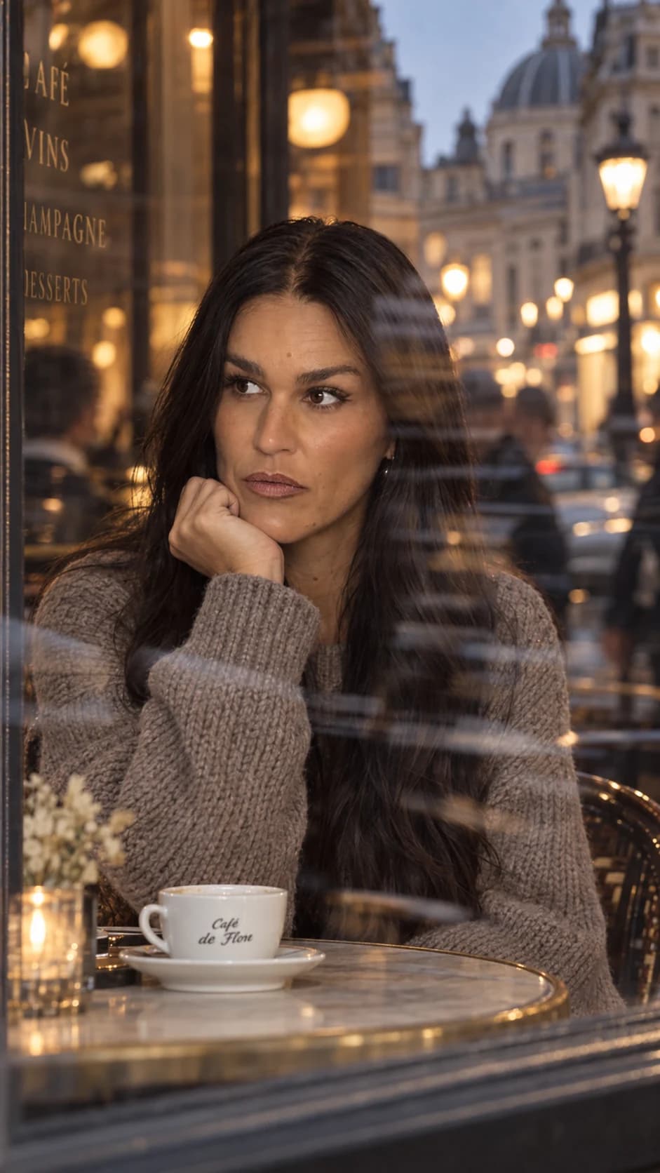Sandra sitting by a café window with a cup of coffee