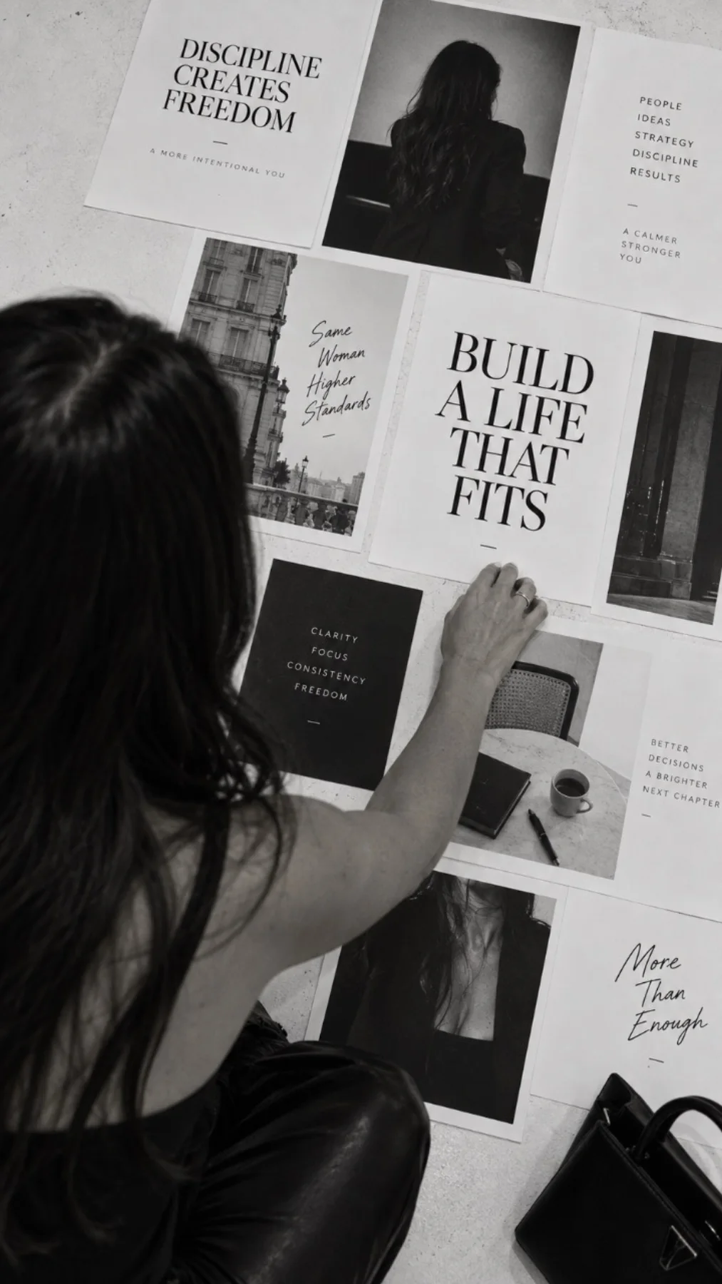 A finished SSELFIE photo of Sandra arranging a moodboard
