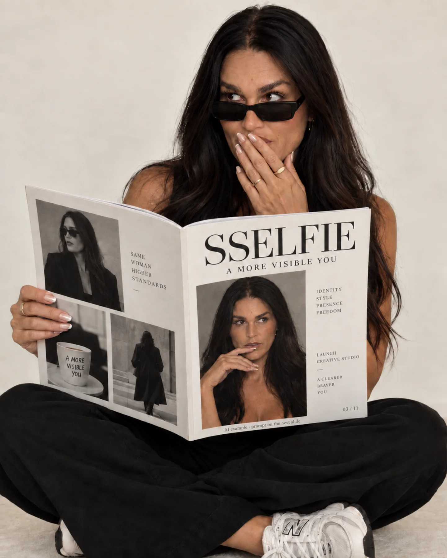 A finished SSELFIE founder photo with a printed SSELFIE newspaper