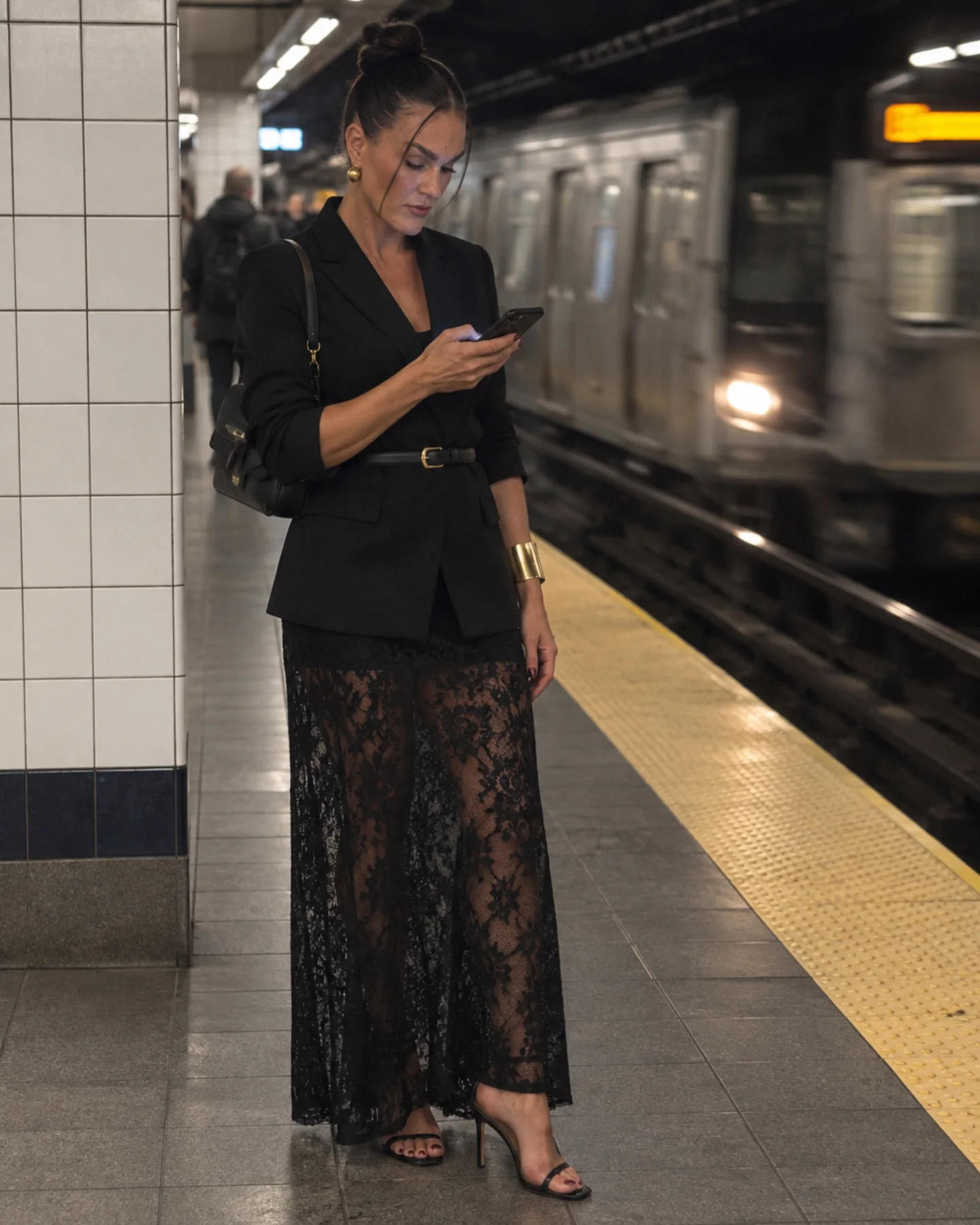 A finished SSELFIE photo of Sandra waiting on a subway platform