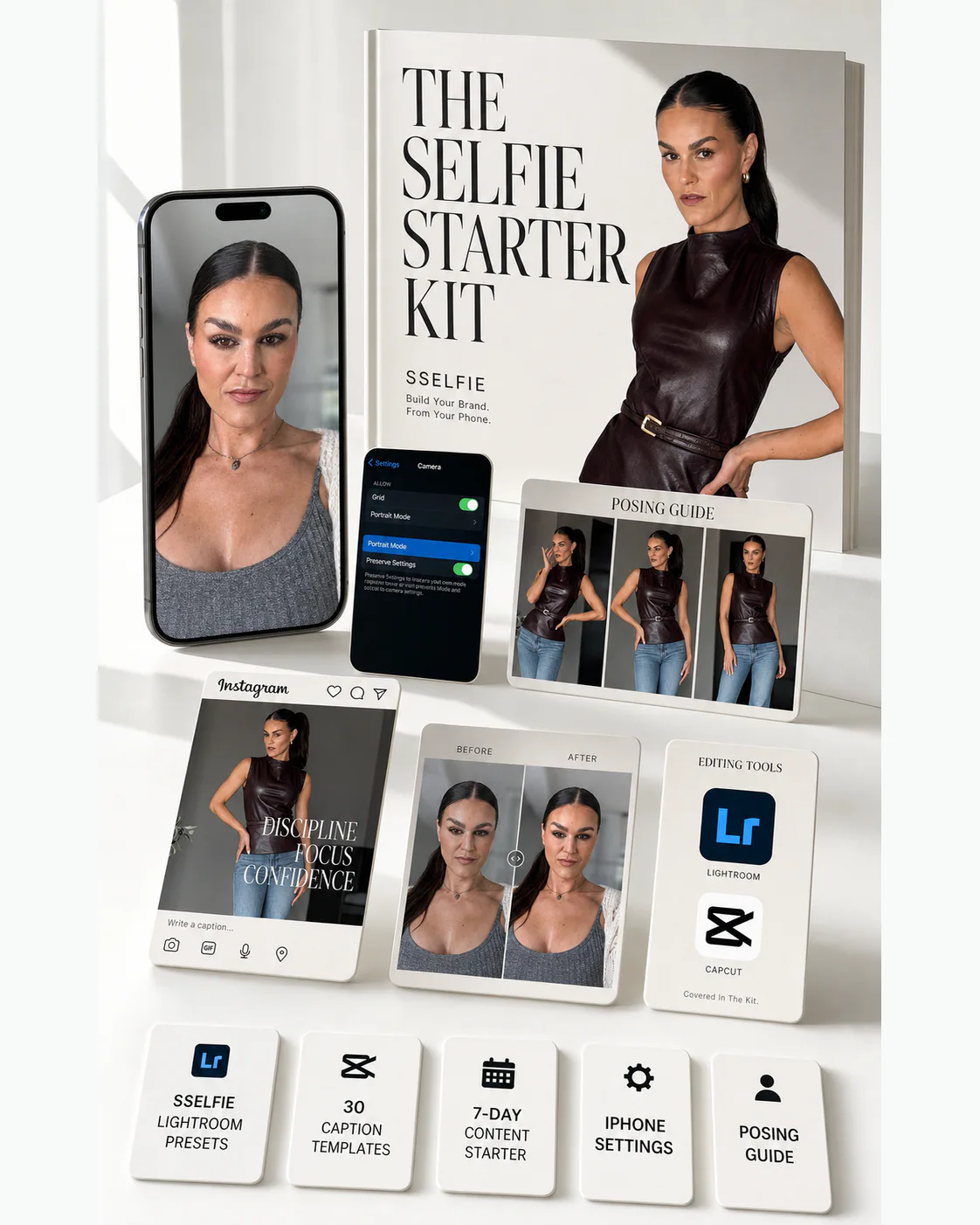 The Selfie Starter Kit with SSELFIE presets, selfie and posing guides, caption templates, storytelling guide, and seven-day content starter
