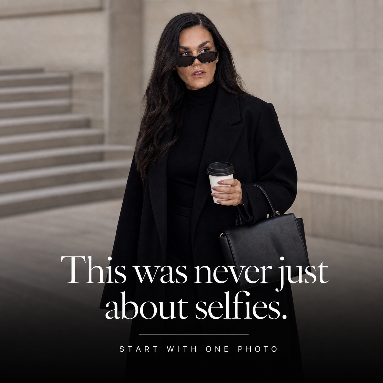 Finished Editorial Cover carousel design with Sandra in a black coat