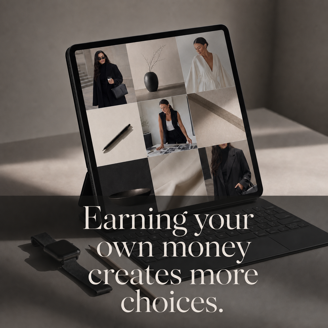 Finished Statement carousel design over a personal-brand grid on a laptop
