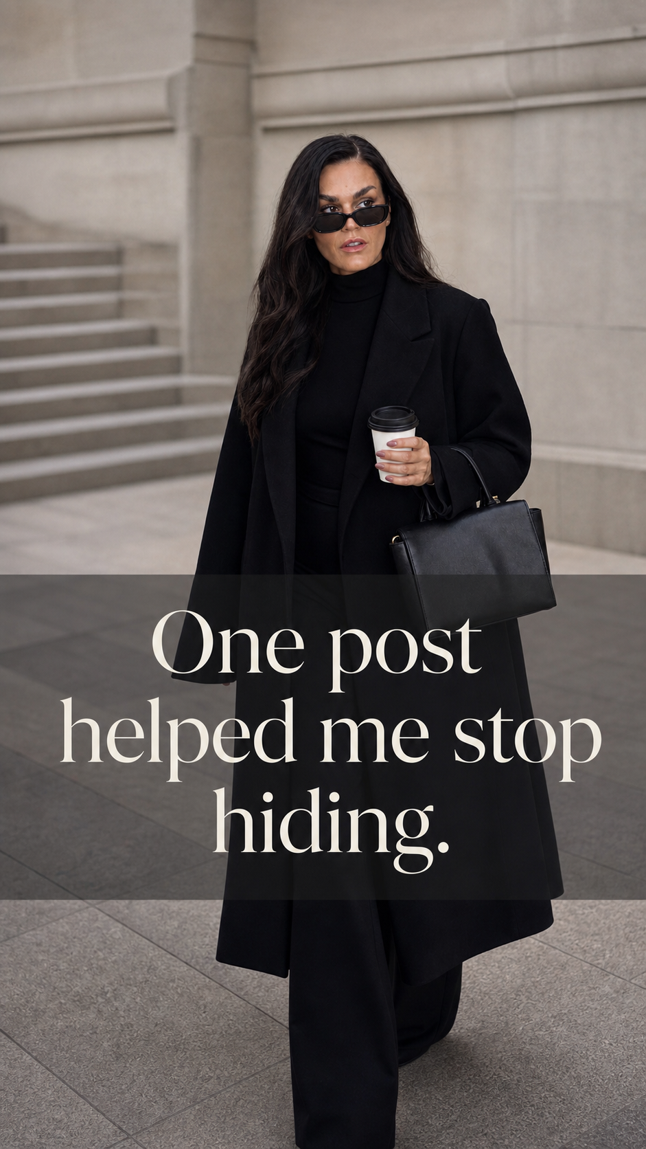 Finished Statement Story design with Sandra in a black coat