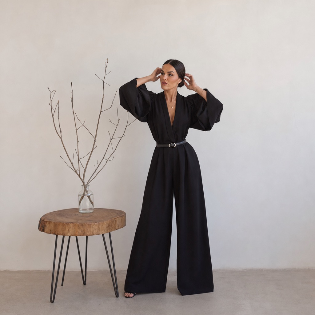 Sandra in a black jumpsuit in a minimal studio