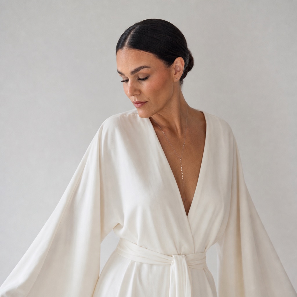 Sandra in a flowing ivory wrap dress