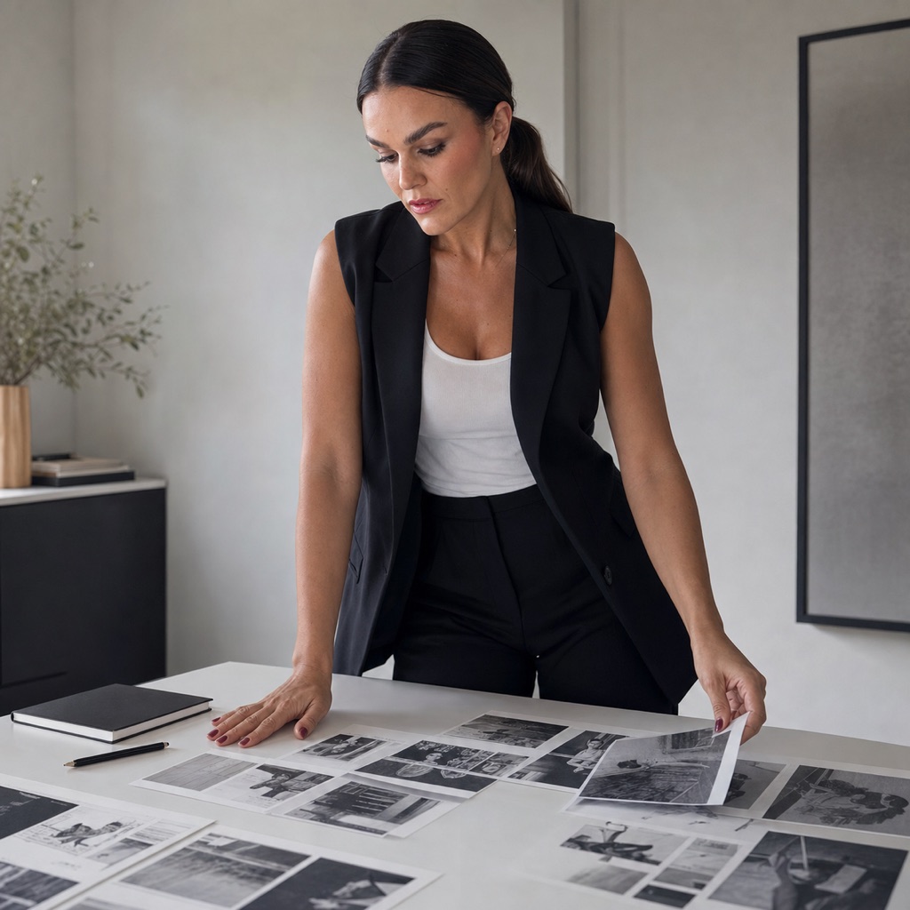 Sandra arranging personal-brand photographs at a creative direction table