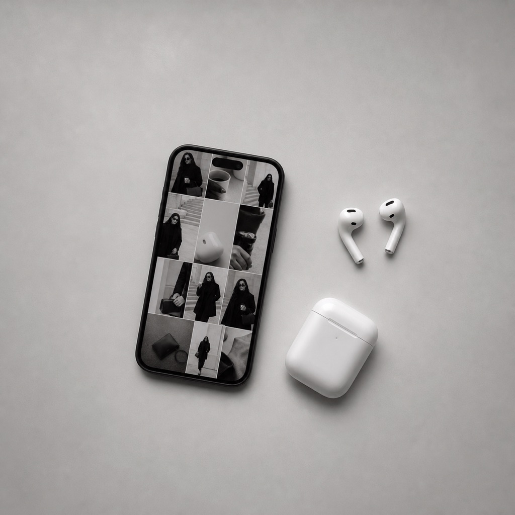 Phone and earbuds beside a monochrome personal-brand photo grid