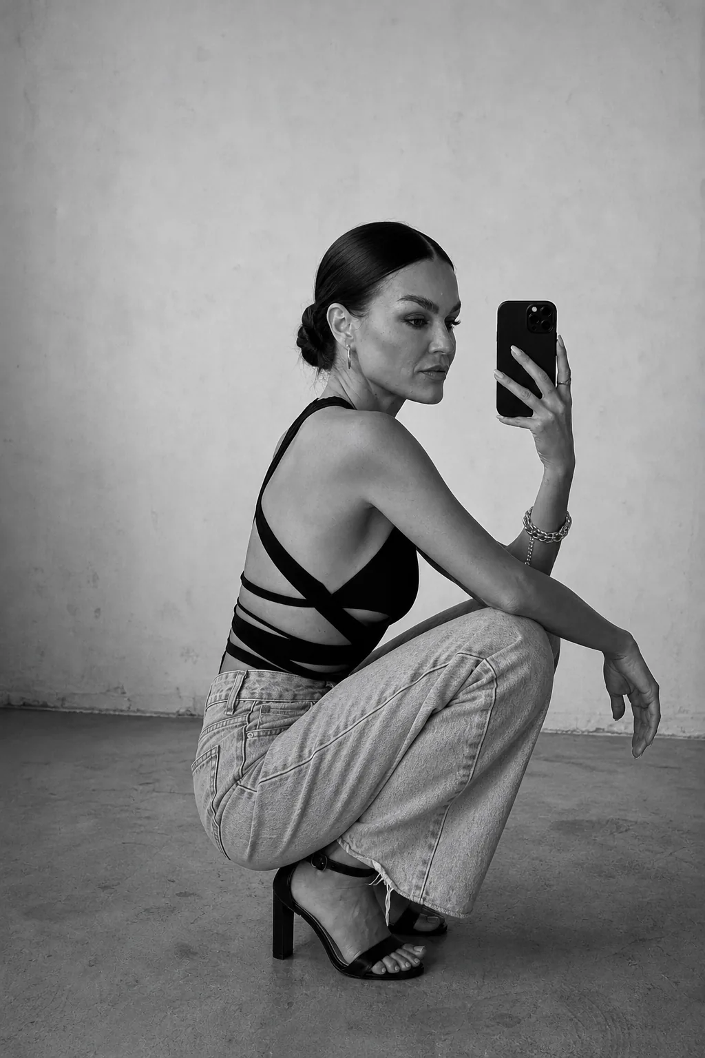 Black-and-white crouched editorial result